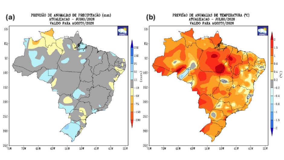 Previsão de desvios de (a) precipitação (mm) e (b) temperatura média do ar (°C) do modelo climático do Inmet para o mês de agosto de 2026