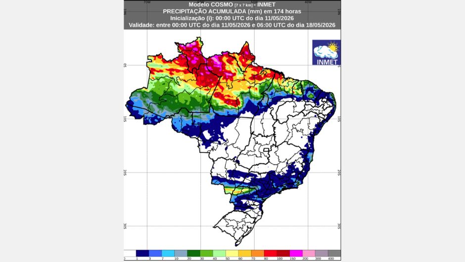 Figura 1: previsão de chuva acumulada (11 de maio de 2026); fonte: Inmet