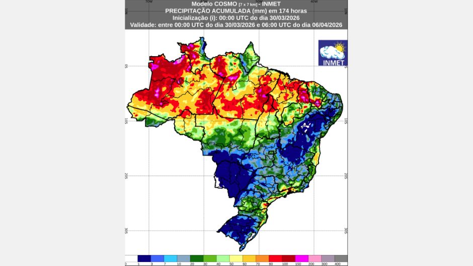 Figura 1: previsão de chuva acumulada (30 de março a 6 de abril de 2026); fonte: Inmet