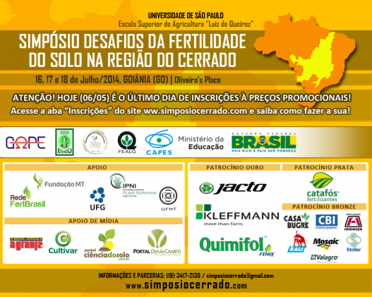 Último dia de inscrições promocionais para o Simpósio “Desafios da Fertilidade do Solo na Região do Cerrado”
