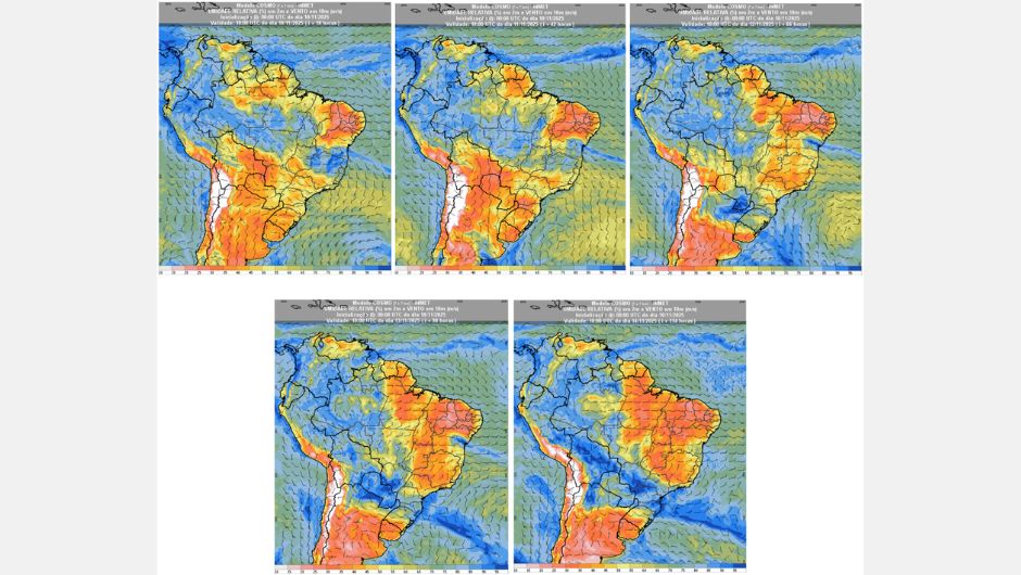 Figura 2: previsão de umidade relativa do ar (%) em 2 m e vento a 10 m (m/s) para a semana de 10 de novembro a 14 de novembro de 2025 às 15h (horário de Brasília); fonte: Inmet