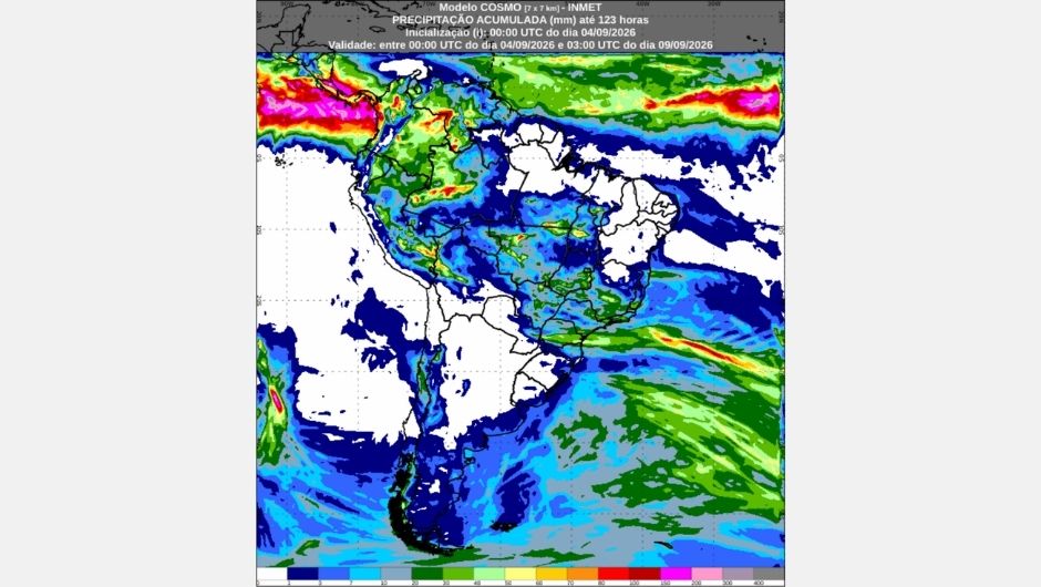Previsão de chuva acumulada (mm) de sexta-feira (4) até o final de terça-feira (8)