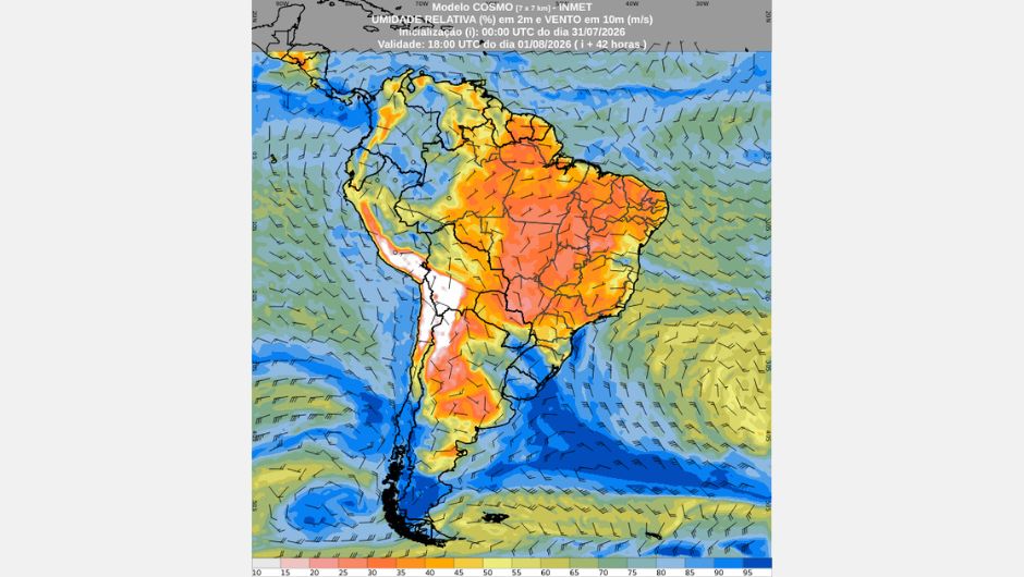 Previsão de umidade relativa do ar para as 15h (horário de Brasília) de sábado, 01 de agosto de 2026, elaborada com base nas previsões do modelo numérico de previsão do tempo Cosmo; fonte: Inmet