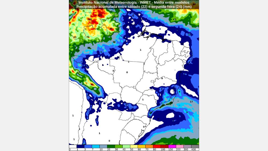 Previsão de chuva acumulada (mm) entre sábado (22/8) e segunda-feira (24/8); fonte: Inmet