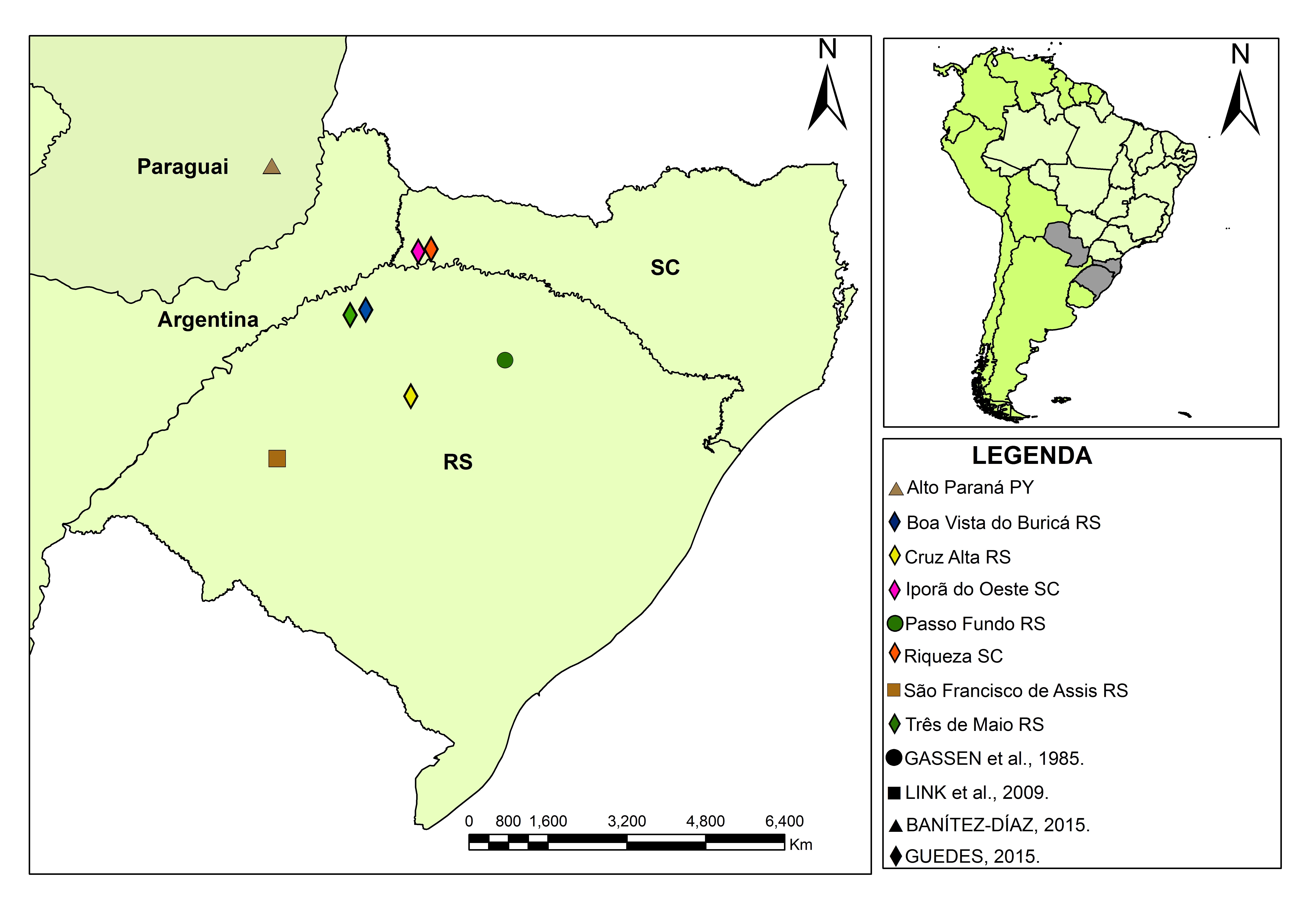Locais de ocorrência de Melanagromyza sp. no Sul do Brasil e no Paraguai, entre 1985 e 2015.