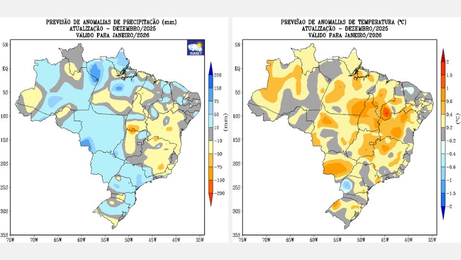 Figura 1: a) previsão de anomalias de precipitação do modelo climático do Inmet, para o mês de janeiro de 2026; b)previsão de anomalias de temperatura média do ar do modelo climático do Inmet, para o mês de janeiro de 2026