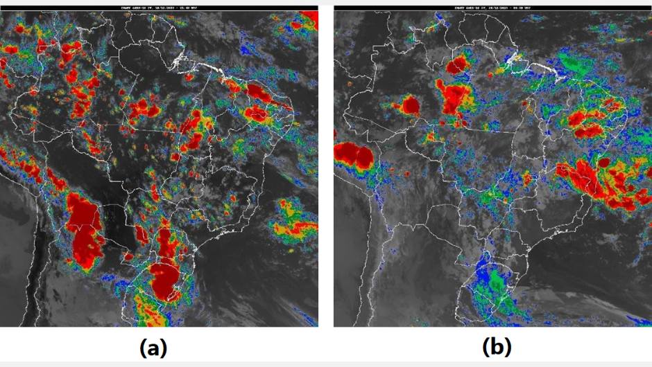 Figura 2: imagem de satélite dos dias: (a) 18/12/2023 às 21:40UTC (18h40min no horário de Brasília) e (b) 20/12/2023 08:30UTC (5h30 do horário de Brasília)