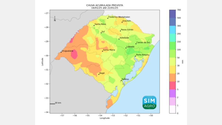 Figura 1 - chuva prevista (em mm) pelo modelo GFS do dia 16 de janeiro a 22 de janeiro de 2025