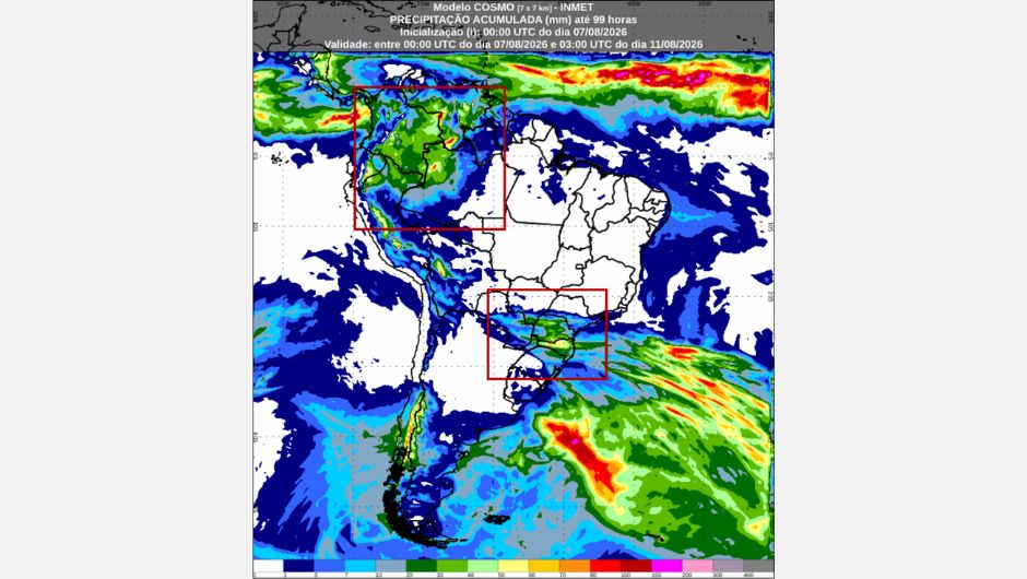Previsão de chuva acumulada (mm) até 00h (horário de Brasília) de terça-feira, 11 de agosto de 2026
