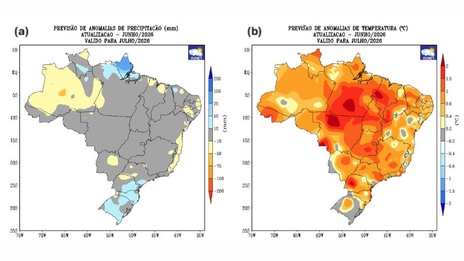 &nbsp;Previsão de desvios de (a) precipitação (mm) e (b) temperatura média do ar (°C) do modelo climático do Inmet para o mês de julho de 2026