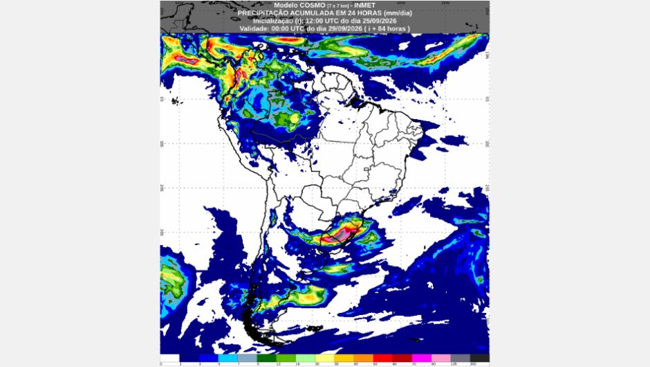 Previsão de precipitação acumulada (mm) entre sexta-feira (25/9) e o final da noite de segunda-feira (28/9), conforme o modelo de previsão numérica do tempo Cosmo; fonte: Inmet