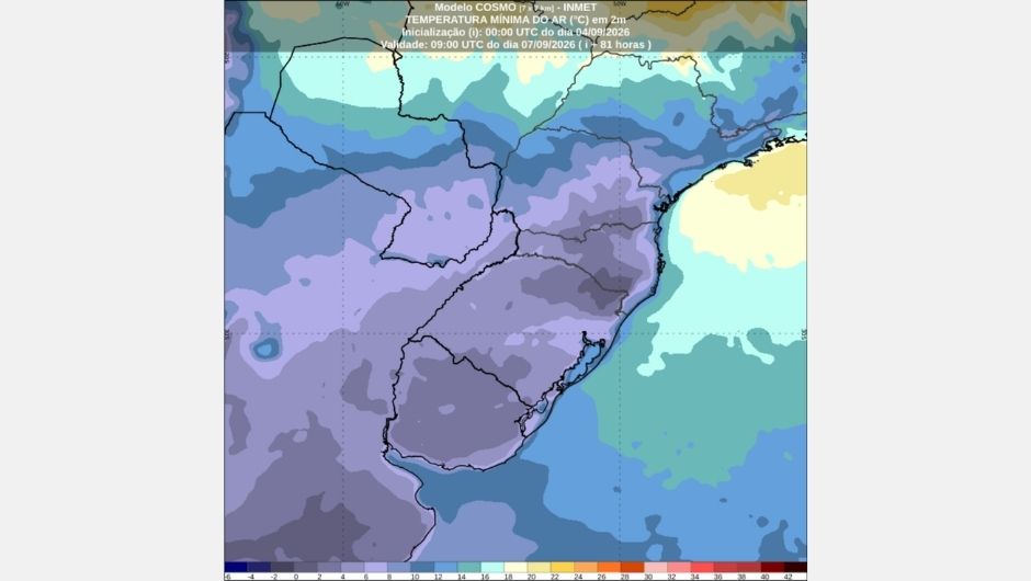 Previsão de temperatura mínima para o início da manhã de segunda-feira, feriado do Dia da Independência do Brasil (7), na Região sul