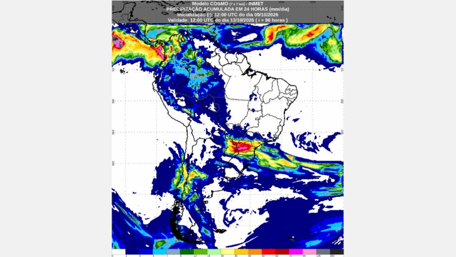 Previsão de acumulados de chuva entre a sexta-feira (9/10) e terça-feira (13/10)