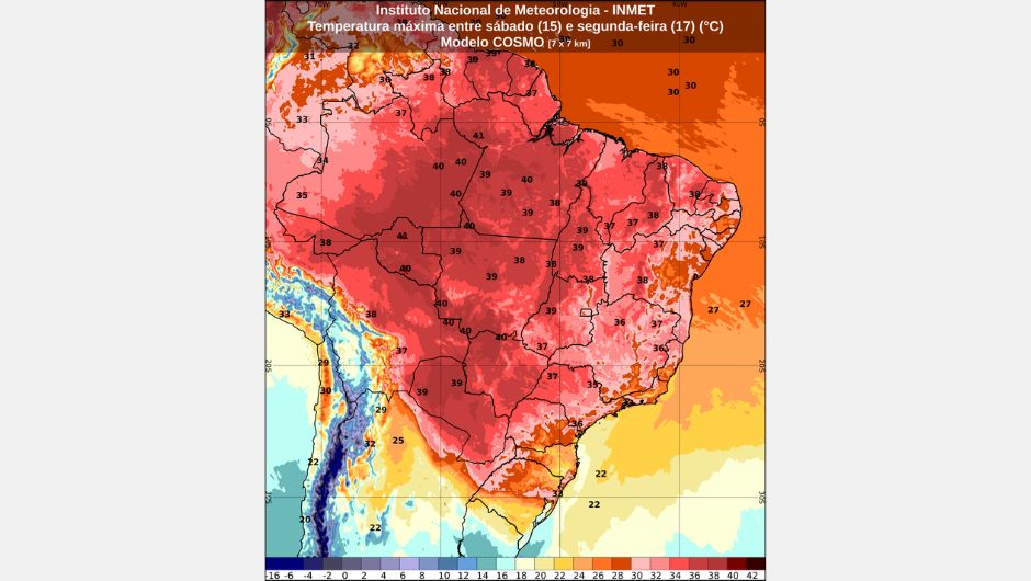 &nbsp;Previsão de temperatura máxima entre sábado (15) e segunda-feira (17); fonte: Inmet