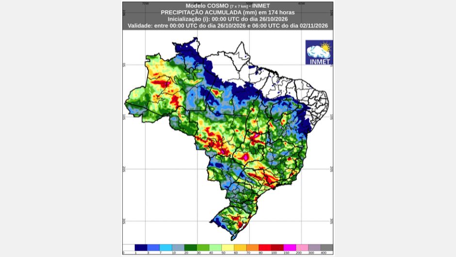 Previsão de chuva acumulada (26 de outubro a 2 de novembro de 2026); fonte: Inmet