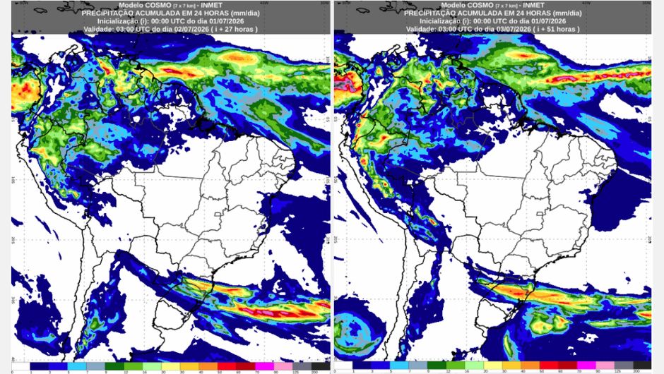Chuva acumulada em 24h referente ao dia 2/7/2026 e 3/7/2026 do modelo Cosmo; fonte: Inmet