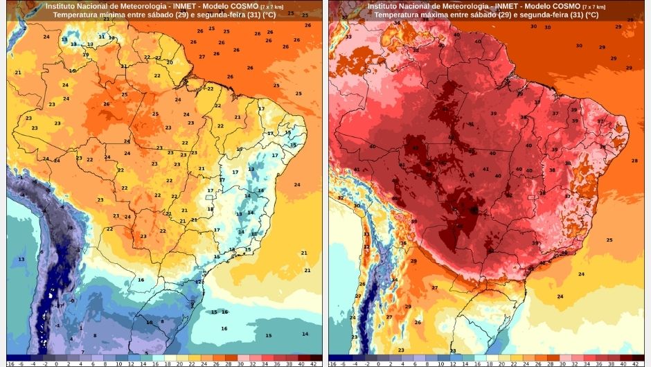 Previsão de temperatura mínima entre sábado (29) e segunda-feira (31) e previsão de temperatura máxima entre sábado (29) e segunda-feira (31)