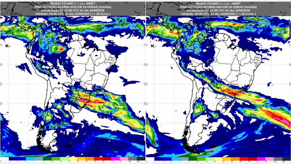 Previsão de chuva acumulada (mm) de quinta-feira (10/9) até o final de sábado (12/9)