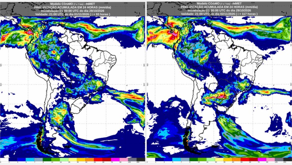 Previsão de acumulados de chuva para domingo (1/11) e segunda-feira (2/11), conforme o modelo numérico de previsão do tempo Cosmo; fonte: Inmet