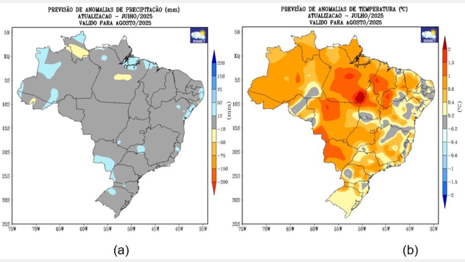 Figura 1: previsão de anomalias de (a) precipitação e (b) temperatura média do ar do modelo climático do Inmet, para o mês de agosto de 2025