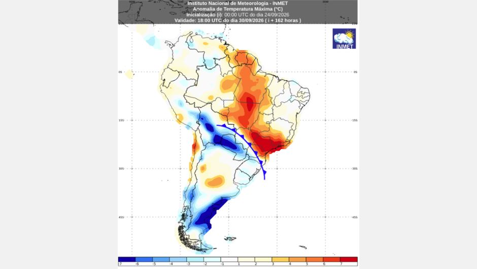 Possível avanço da frente fria pela região Sul do Brasil favorece a redução das temperaturas para valores próximos à média climatológica a partir de quarta-feira (30/9)
