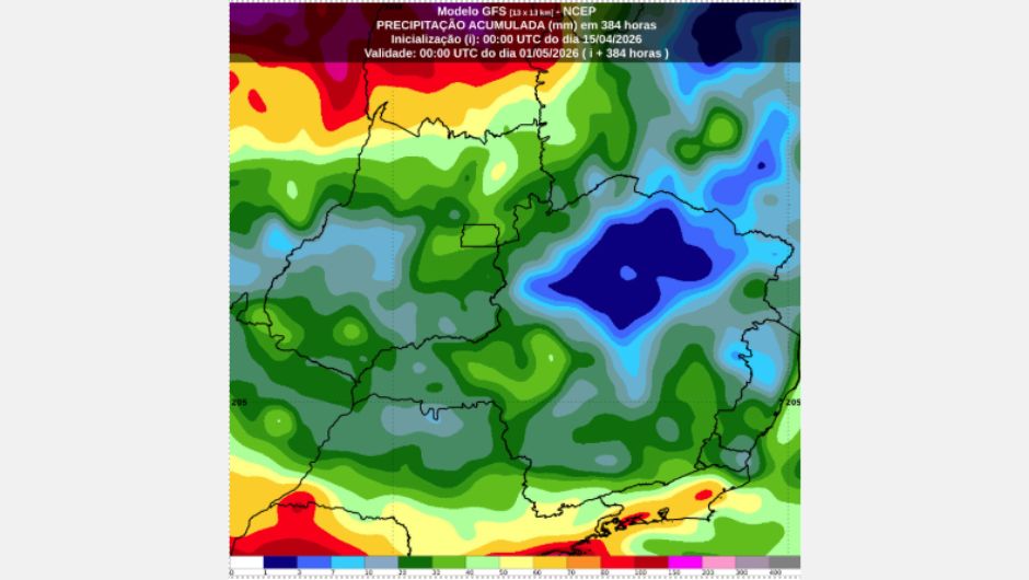 Figura 1: previsão de precipitação acumulada (mm) para os próximos 15 dias, obtida a partir do modelo GFS (Global Forecast System); fonte: Inmet