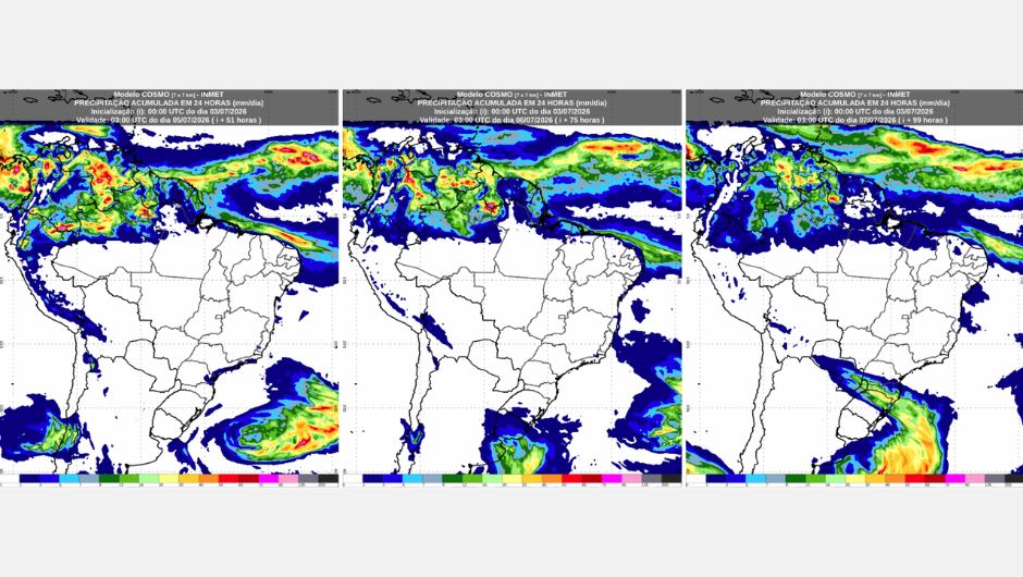 Previsão de chuva acumulada em 24h referente aos dias 4, 5 e 6 de julho de 2026 do modelo Cosmo; fonte: Inmet