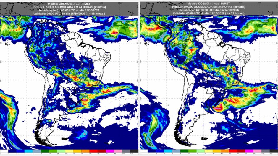 Previsão de acumulados de chuva de quarta-feira (14/10) ao final de sexta-feira (16/10), conforme o modelo numérico de previsão de tempo Cosmo; fonte: Inmet