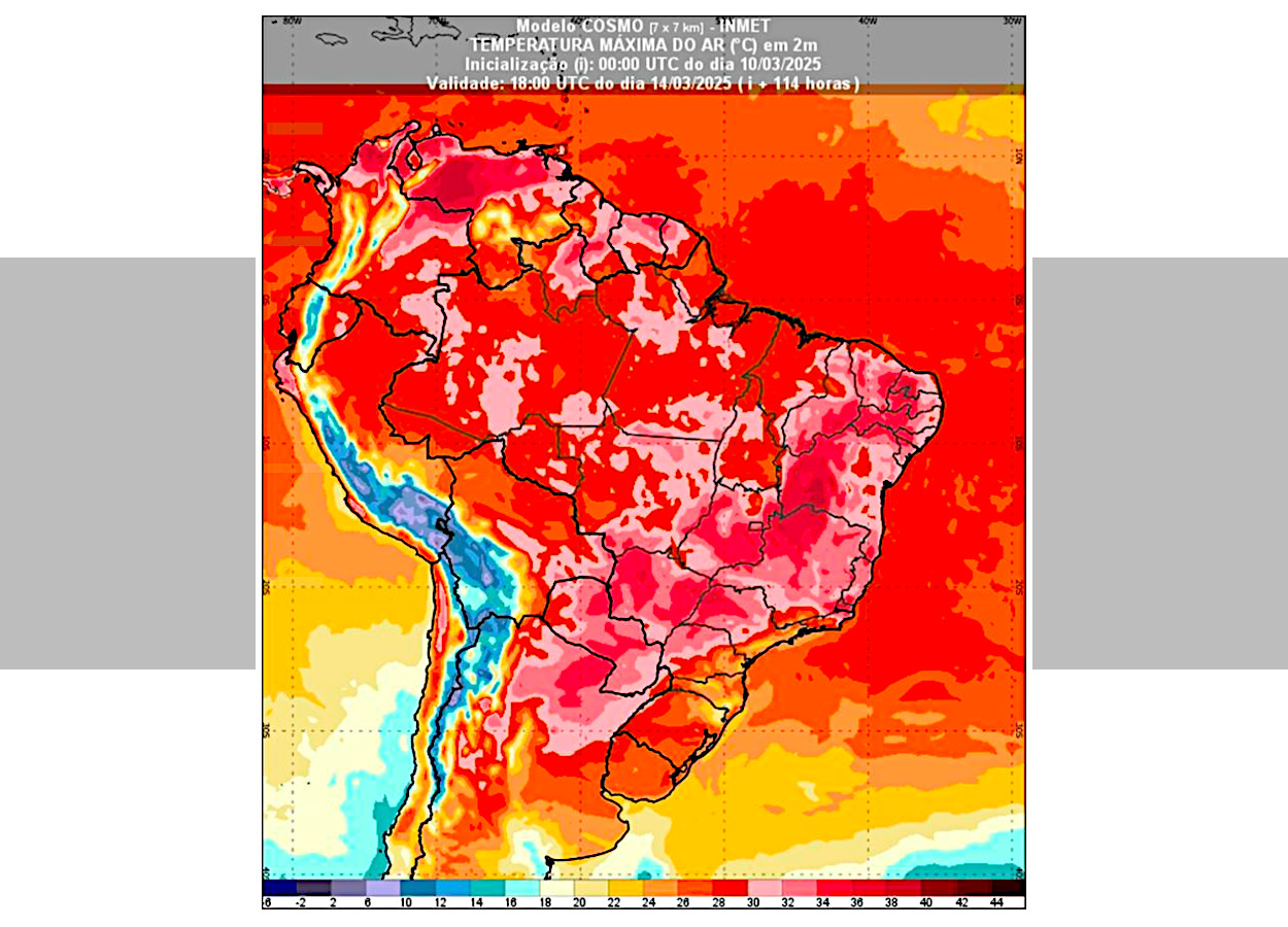 Previsão de temperatura máxima para o dia 14 de março de 2025 às 15h (horário de Brasília)