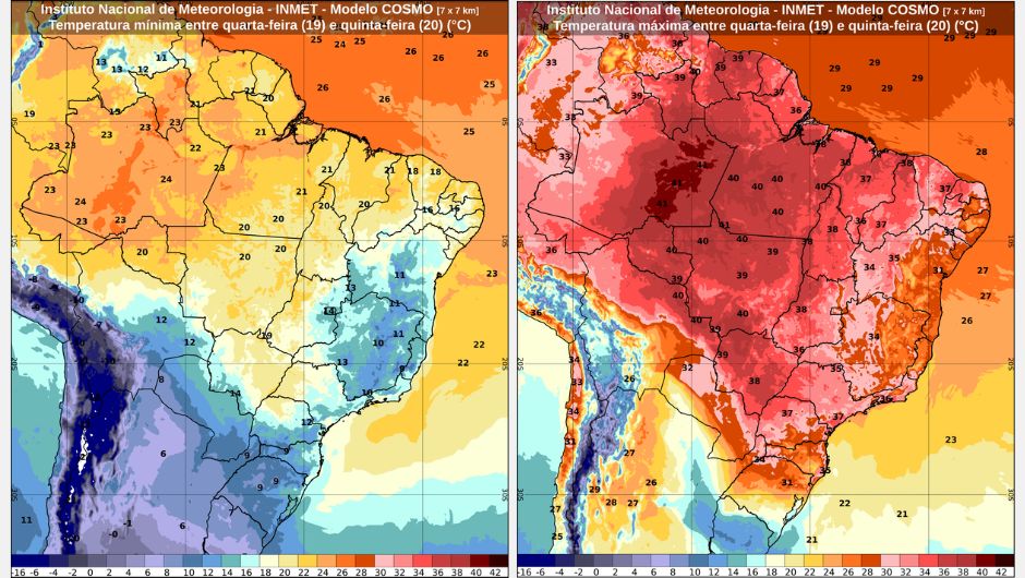 Previsão de temperatura mínima entre quarta-feira (19) e quinta-feira (20) e previsão de temperatura máxima entre quarta-feira (19) e quinta-feira (20); fonte: Inmet