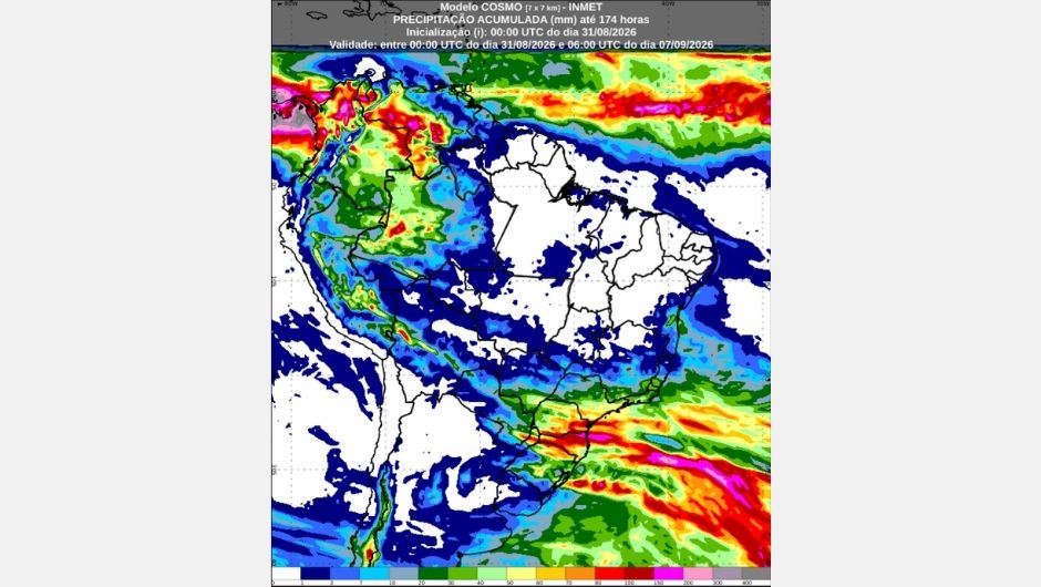 Previsão de chuva acumulada (31 de agosto a 07 de setembro de 2026); fonte: Inmet