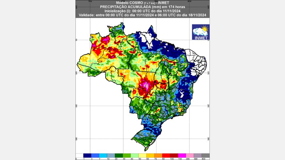 Figura 1: previsão de chuva (11 a 18 de novembro de 2024); fonte: Inmet