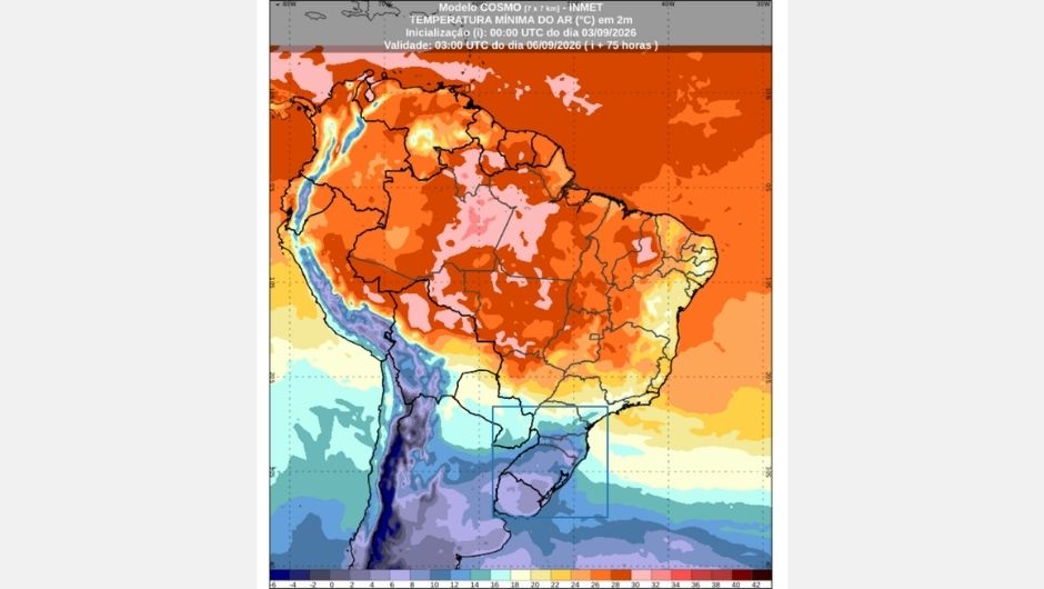 Previsão de temperatura mínima para o final da noite de sábado (5); fonte: Inmet