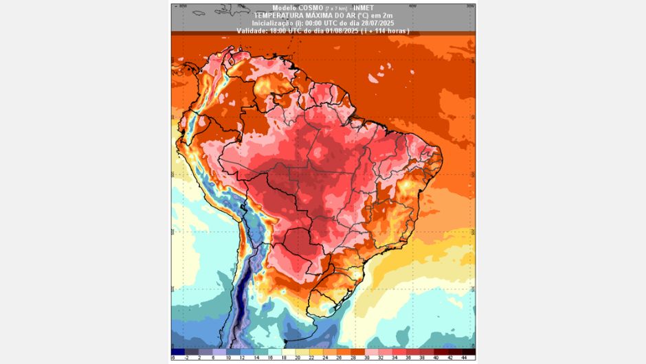 Figura 2: previsão de temperatura máxima para o dia 01 de agosto de 2025 às 15h (horário de Brasília); fonte: Inmet