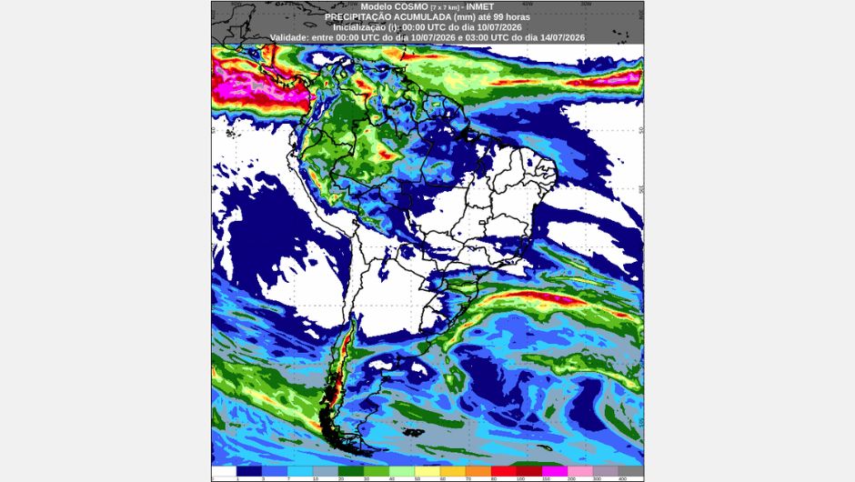 Mapa de previsão de chuva acumulada, até 00h (horário de Brasília) de 14 de julho de 2026, do modelo Cosmo; fonte:&nbsp;Inmet