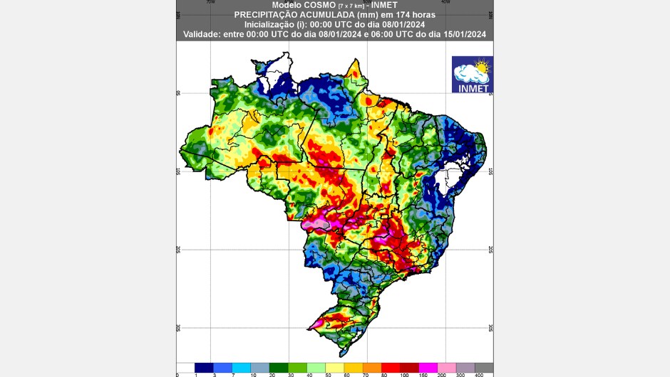 Figura 1: previsão de chuva para a 1ª semana (08 a 15/01/2024); fonte: Inmet