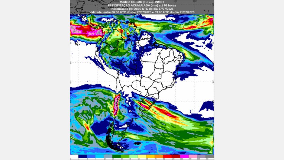 Mapa de previsão da precipitação acumulada (mm) entre 21h de 17 de julho de 2026 e 00h (horário de Brasília) de 21 de julho de 2026, proveniente do modelo de previsão numérica do tempo Cosmo; fonte: Inmet