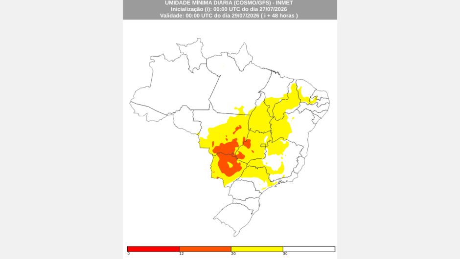 Previsão dos valores mínimos de umidade relativa do ar para a tarde de terça-feira, 28 de julho de 2026, elaborada com base nas previsões dos modelos numéricos de tempo Cosmo e GFS; fonte: Inmet