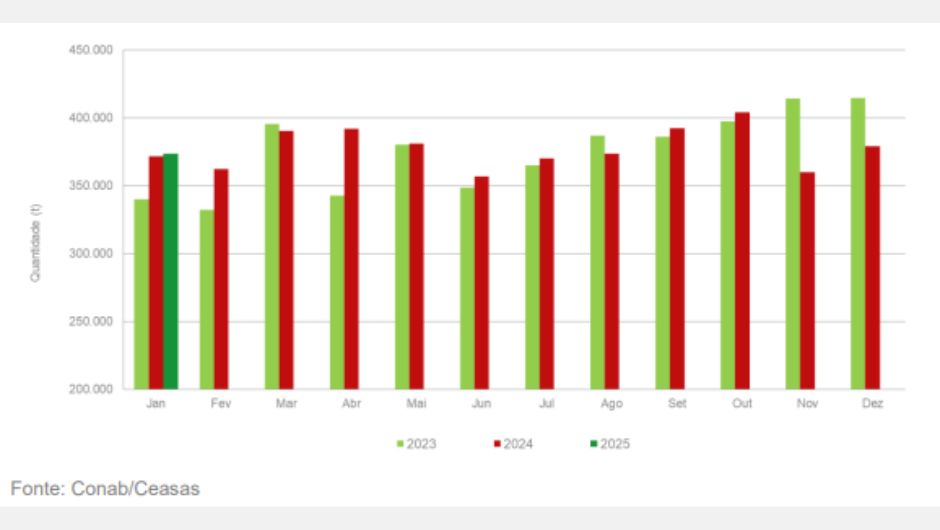 Quantidade de frutas comercializadas nas Ceasas analisadas neste Boletim em 2023, 2024 e 2025