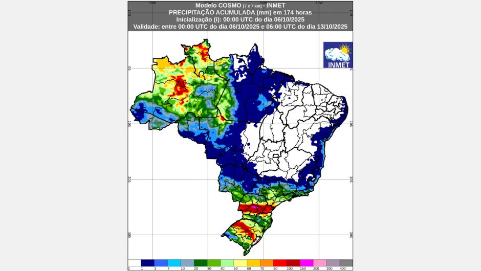 Figura 1: previsão de chuva acumulada (6 a 13 de outubro de 2025); fonte: Inmet