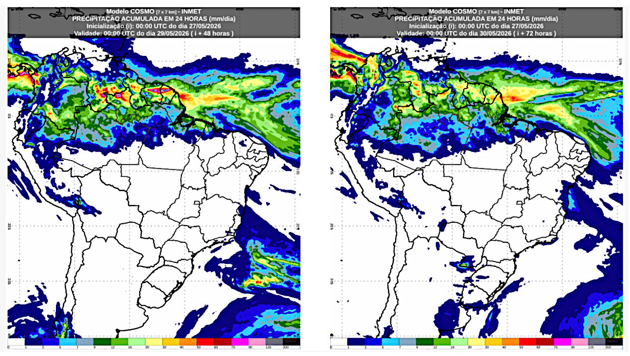 Chuva acumulada para o dia 28 (esquerda) e dia 29 (direita) do modelo Cosmo - Fonte: Inmet