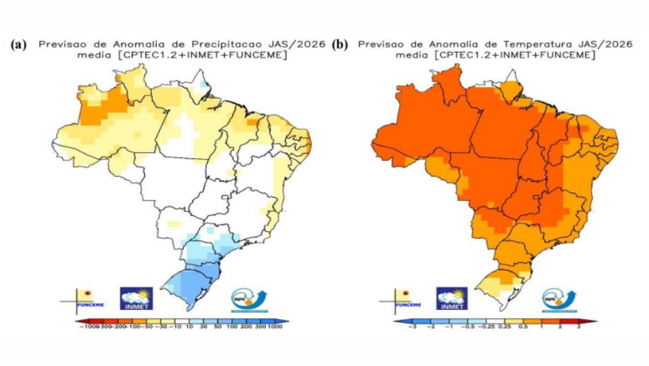 Previsão de anomalias de (a) precipitação (mm) e (b) temperatura média do ar (°C) para o trimestre julho, agosto, setembro/2026, elaborada conjuntamente pelo Inmet, CPTec/Inpe e Funceme