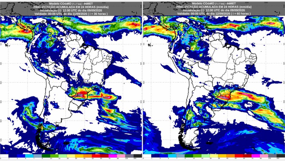Previsão de chuva acumulada (mm) de quarta-feira (9) até o final de sexta-feira (11)