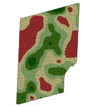 Dispersão de percevejos em talhão de soja. Pontos vermelhos índices de percevejos maior que 2 indivíduos por metro, pontos verdes escuros 0 indivíduos. Fundação Chapadão 2012.