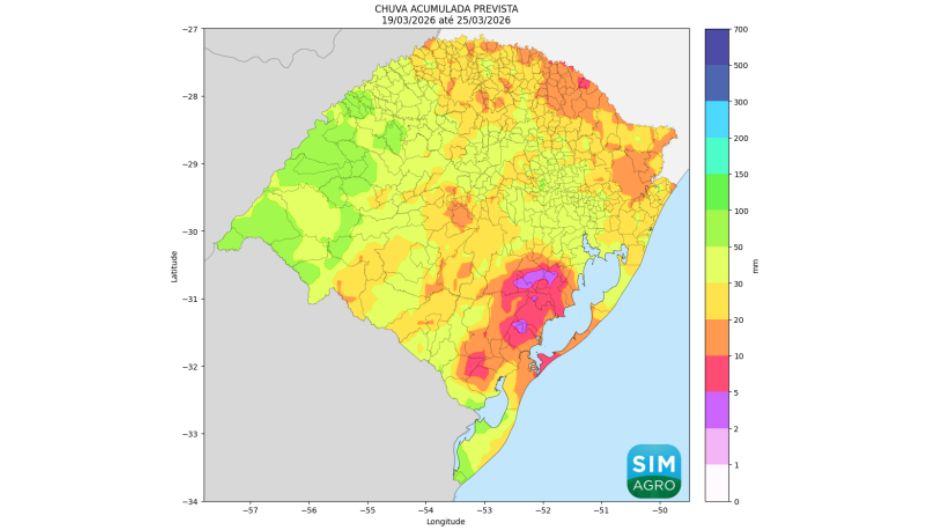 Chuva prevista (em mm) pelo modelo Icon do dia 19 a 25 de março de 2026