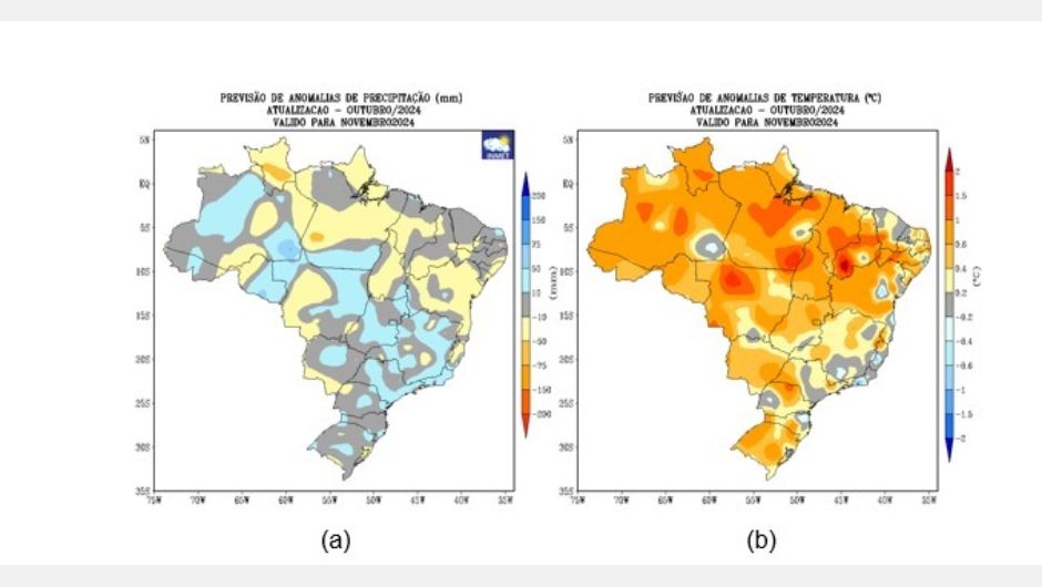 Figura 1: previsão de anomalias de (a) precipitação e (b) temperatura média do ar do modelo climático do Inmet, para o mês de novembro de 2024