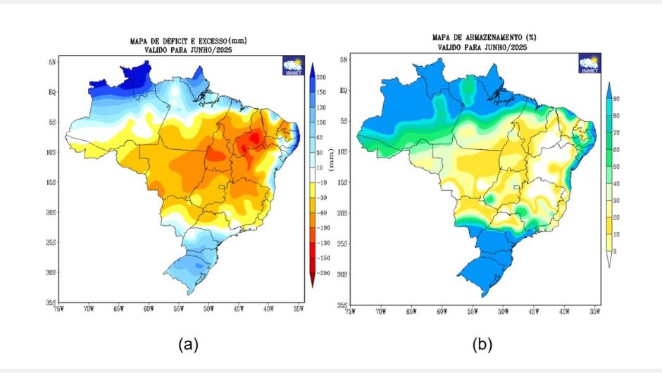 Figura 1: mapas de déficits e excessos hídricos em mm e armazenamento de água no solo em % previstos para o mês de junho no território brasileiro