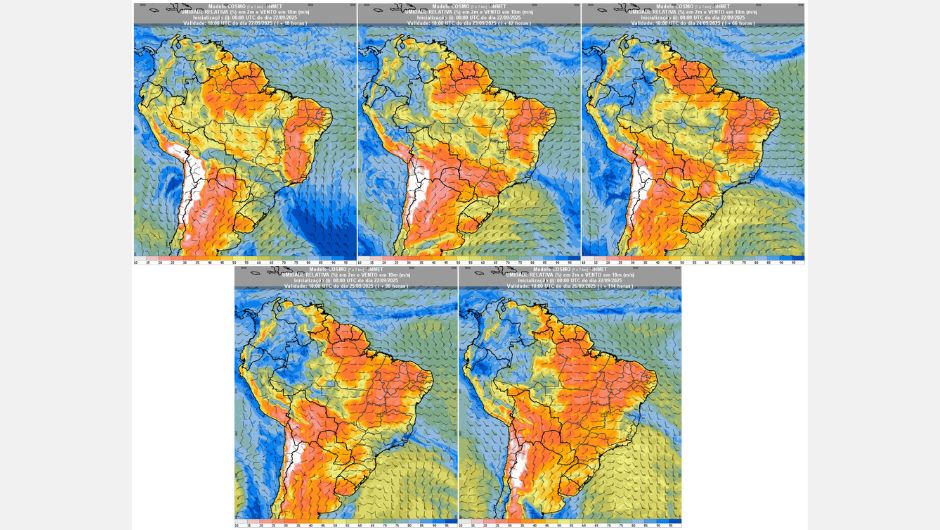 Figura 2: previsão de umidade relativa do ar (%) em 2 m e vento a 10 m (m/s) para a semana de 22 a 26 de setembro de 2025 às 15h (horário de Brasília); fonte: Inmet