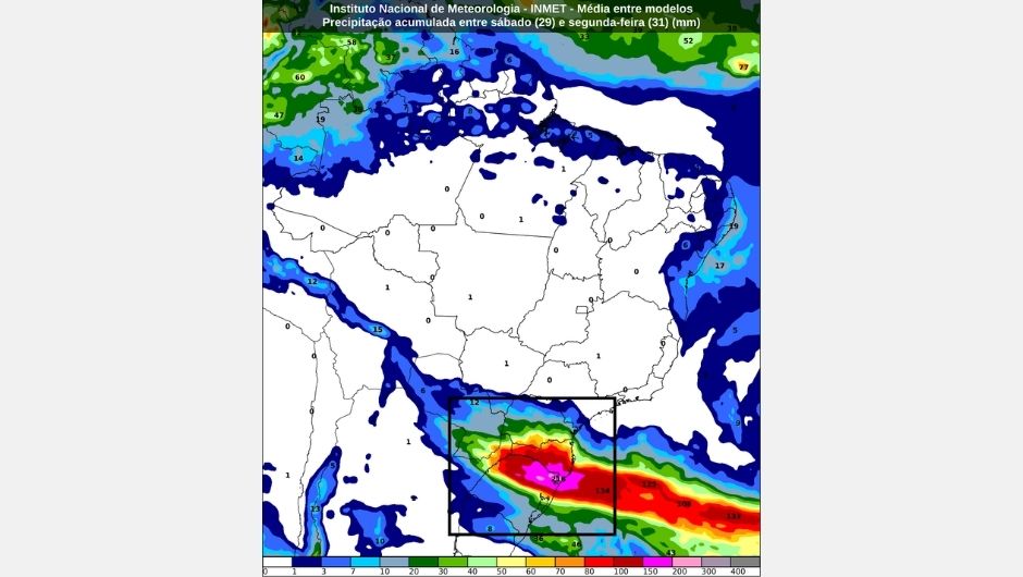 Previsão de chuva acumulada (mm) entre sábado (29) e segunda-feira (31); fonte: Inmet