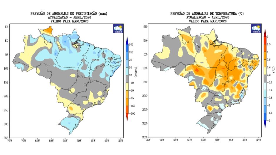 Previsão de desvios de (a) precipitação (mm) e (b) temperatura média do ar (°C) do modelo climático do Inmet para o mês de maio de 2026
